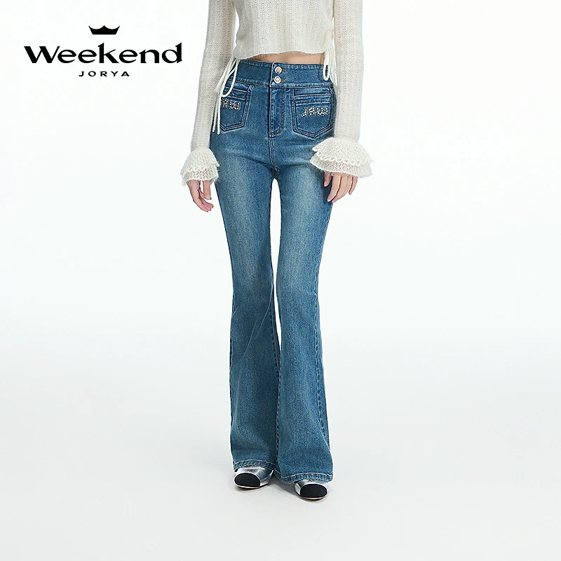 卓雅周末秋季新款通勤高腰钻饰字母口袋喇叭牛仔裤Q240505C