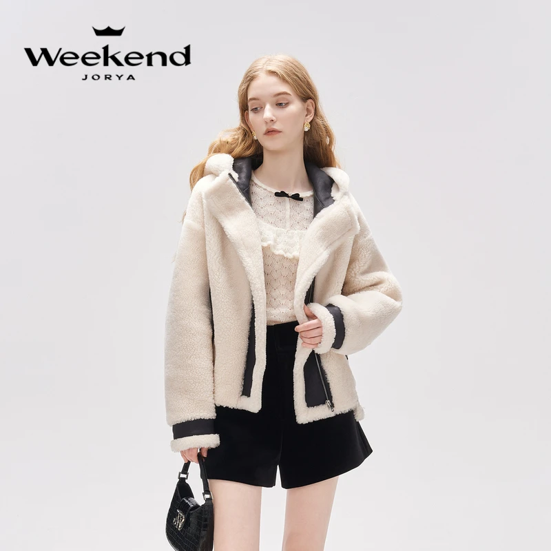 卓雅周末秋季时尚连帽撞色拼接口袋皮草外套EJWDCQ84