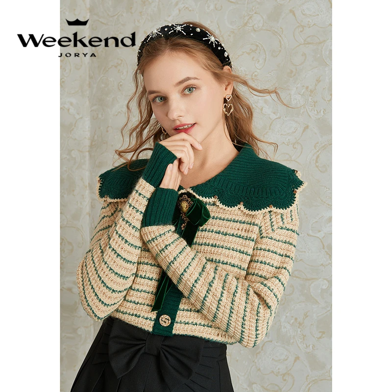 JORYA weekend秋冬复古手钩花边娃娃领条纹针织衫EJWCDR77