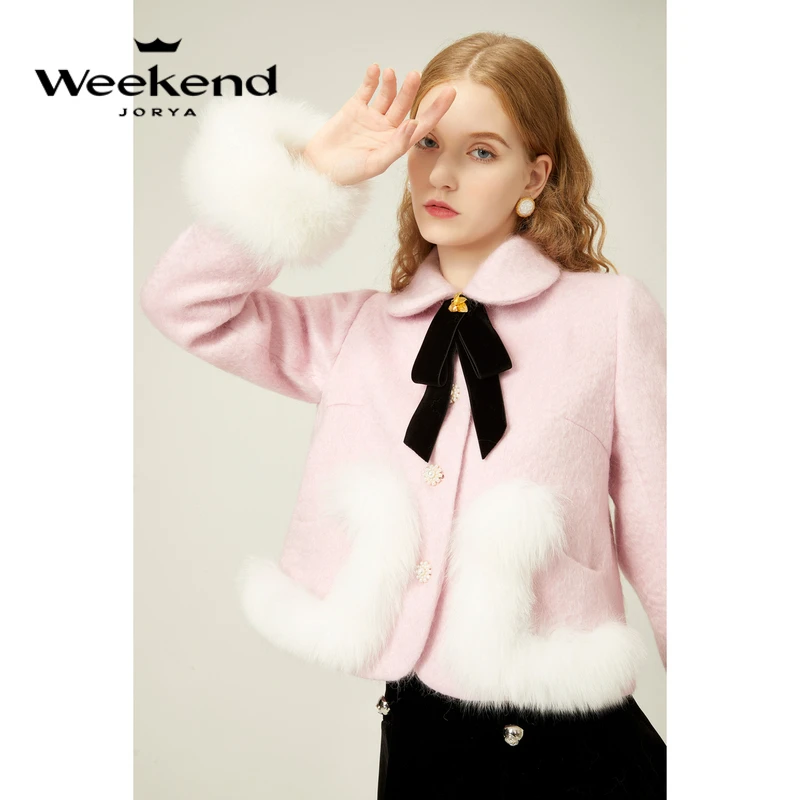 卓雅周末冬季甜美气质可拆狐狸毛珠饰绵羊毛呢短外套EJWDDR59