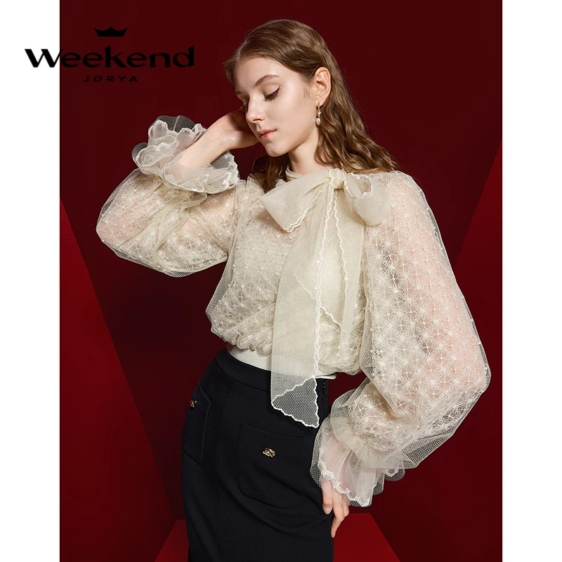 卓雅周末春千金风喇叭蝴蝶结钉珠网纱甜美蕾丝衫上衣EJWDAQ31