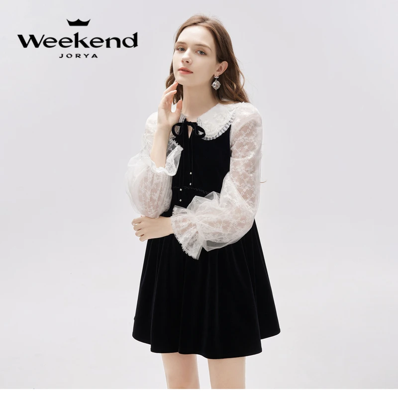 卓雅周末年新款千金风系带蝴蝶结蕾丝拼接丝绒连衣裙EJWDCR64