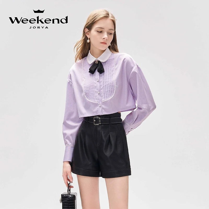 卓雅周末秋季法式复古花边娃娃领蝴蝶结短款条纹衬衫EJWDCF16