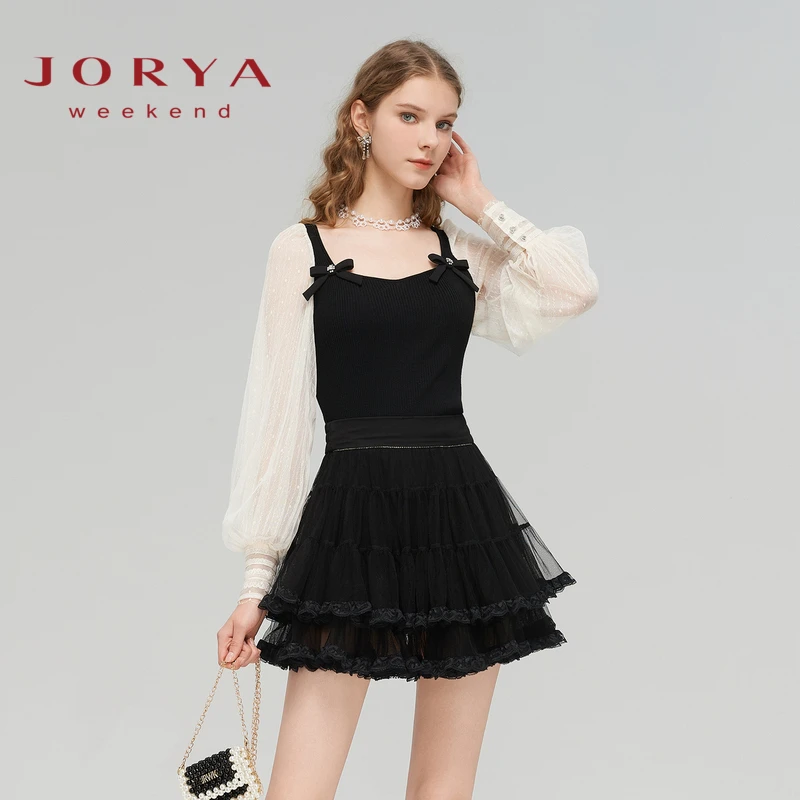 JORYA weekend春网纱拼接蝴蝶结撞色灯笼袖蕾丝针织衫EJWDAC11
