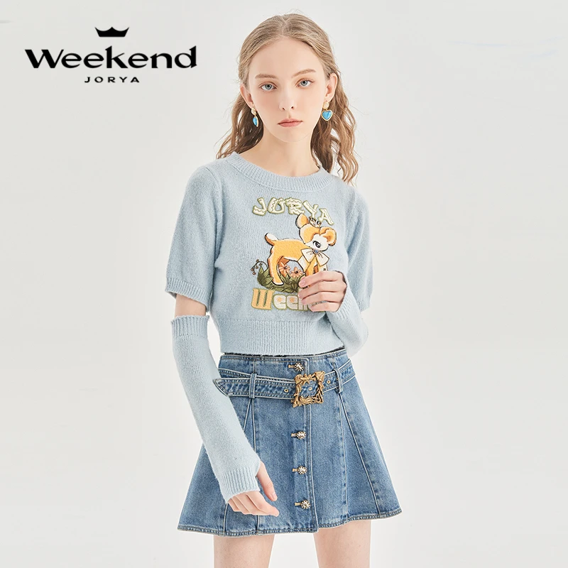 卓雅周末春季新甜美减龄钻饰小鹿袖套时尚短款针织衫上衣EJWDAF65