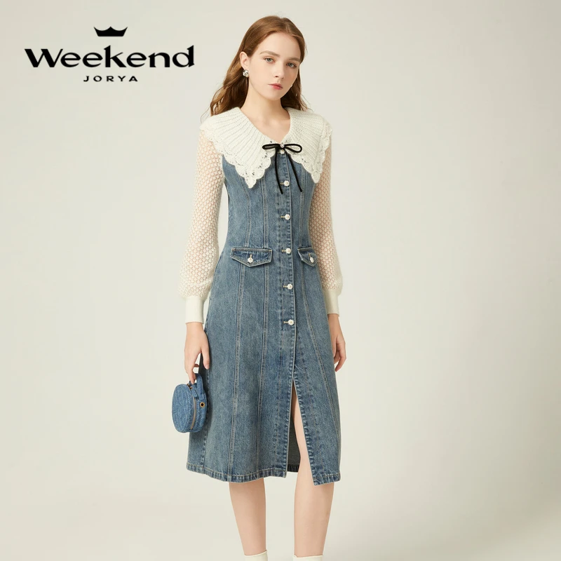 卓雅周末气质显瘦镂空针织拼接复古牛仔开叉连衣长裙EJWDDW36