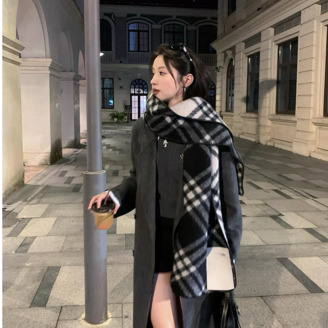 全智贤同款羊毛复古格纹围巾双面披肩韩系秋冬英伦风加厚保暖围脖