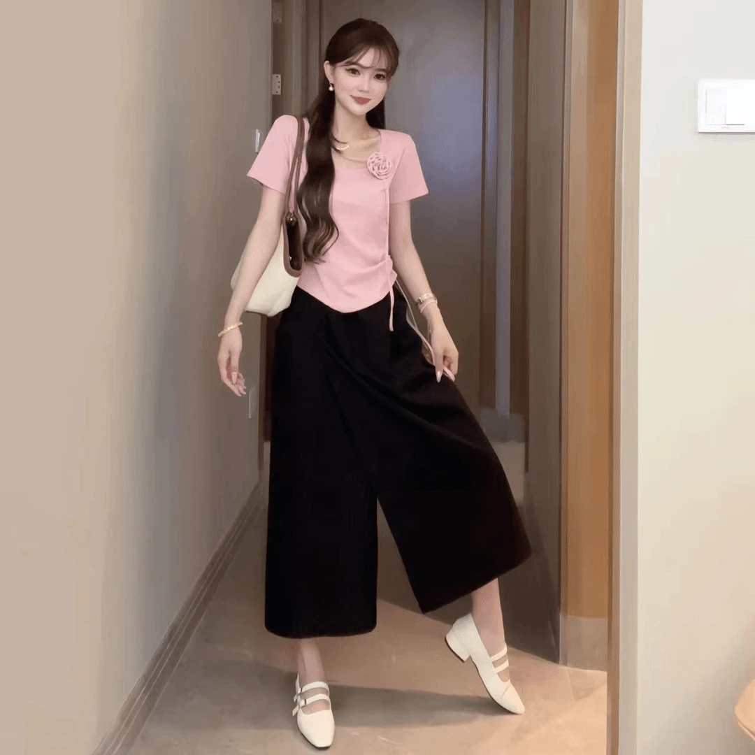 2024夏季薄款高腰开叉休闲裙裤女胖mm胯大腿粗显瘦八分阔腿裤