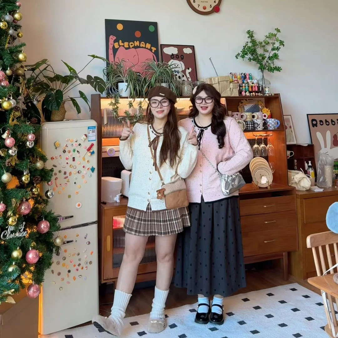 8130大码女装蝴蝶结系带彩点毛衣开衫设计感别致撞色针织衫上衣