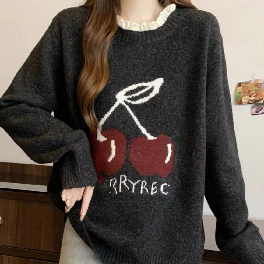 7002大码女装慵懒假两件樱桃提花毛衣女木耳边宽松百搭针织衫上衣