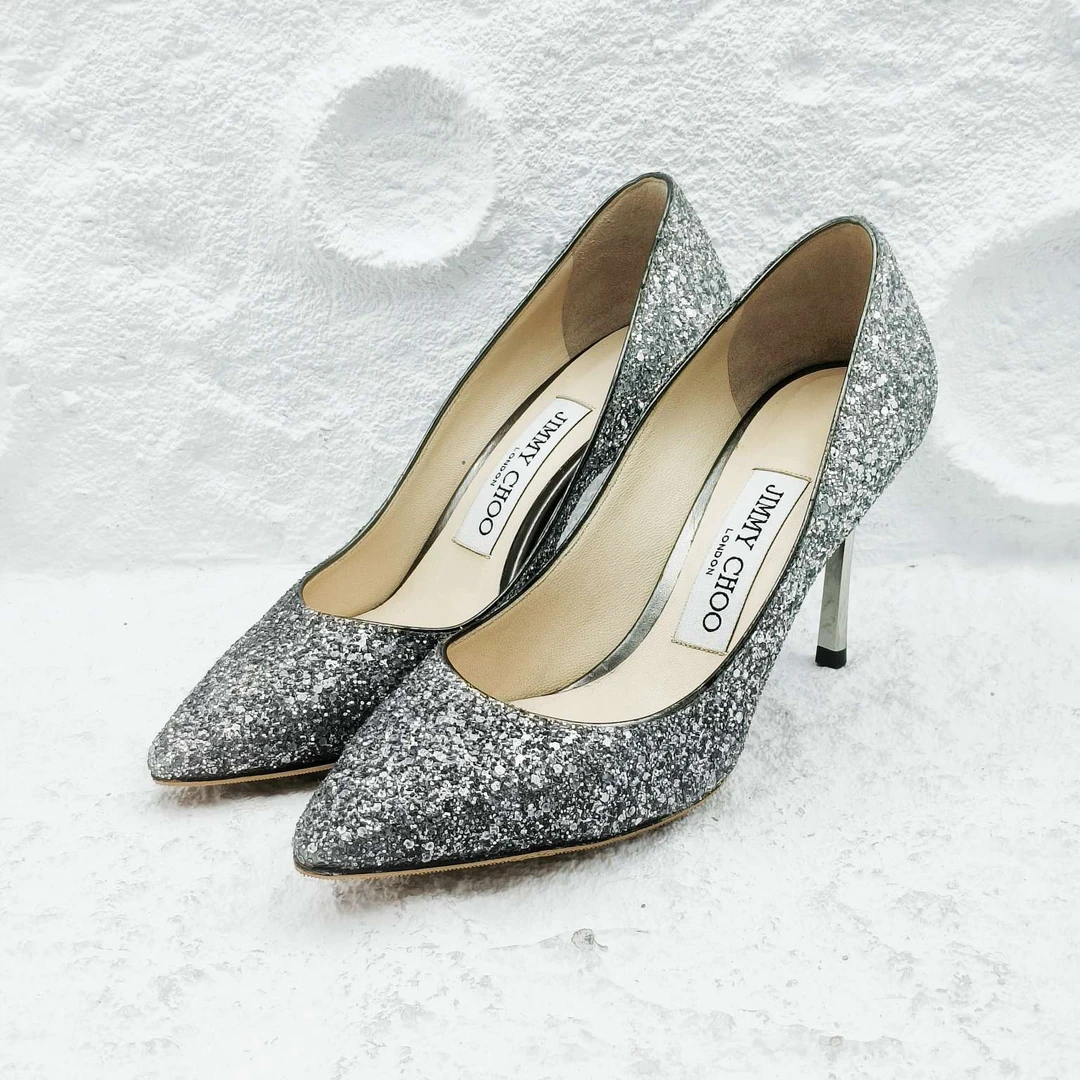 99新 JIMMY CHOO/吉米周 Jimmy Choo/银色亮片高跟鞋/35码