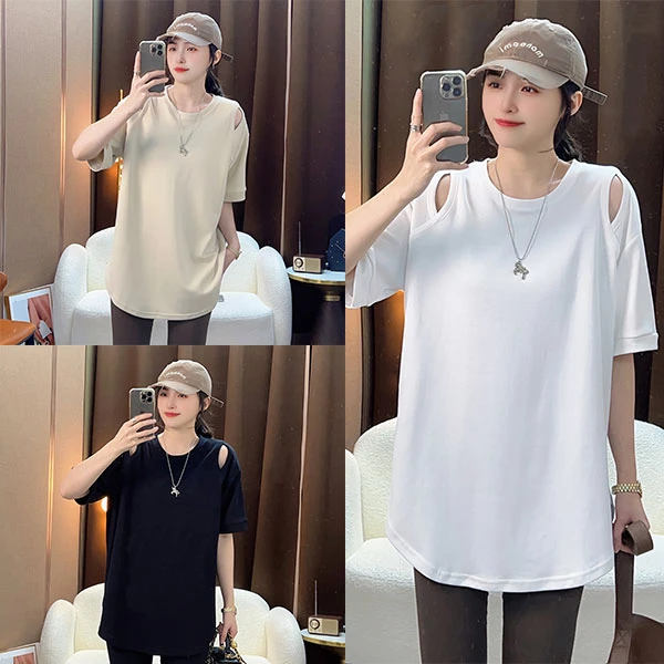 懒懒来了！夏季新款2025宽松百搭大码T恤上衣中长款纯色镂空短袖