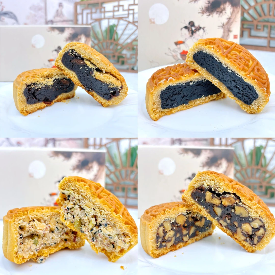 纯素月饼五仁山楂黑芝麻枣泥核桃生态原料精心配比手工作明火烘焙