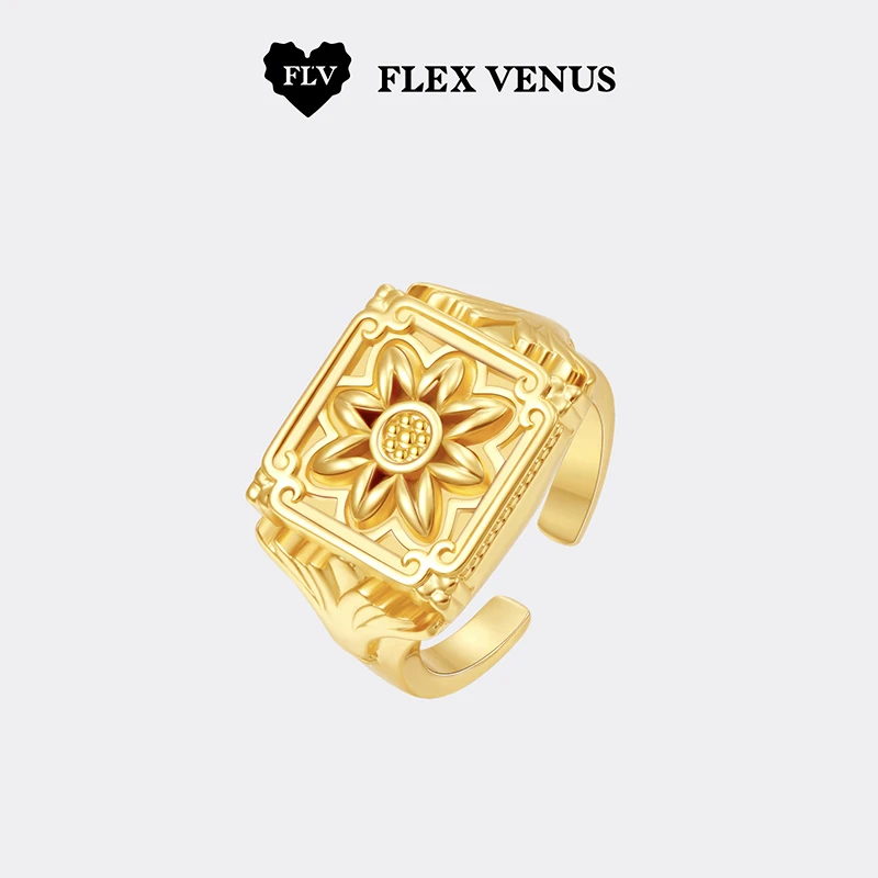 铜合金戒指 【明星同款】FLV百合花砖戒指 轻奢小众设计复古开口戒