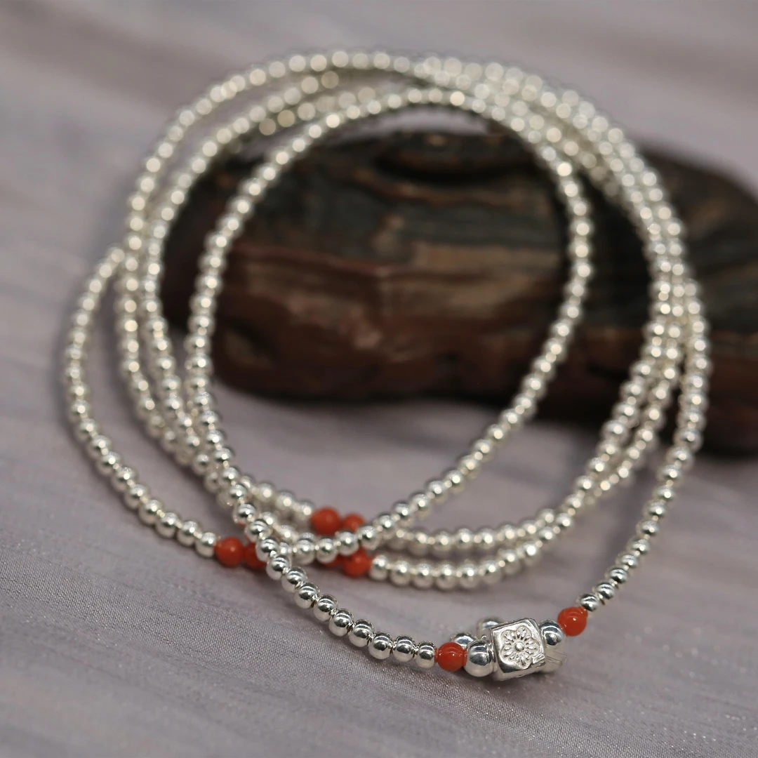 925银手链 叠戴四圈红NAO米珠民族风手串