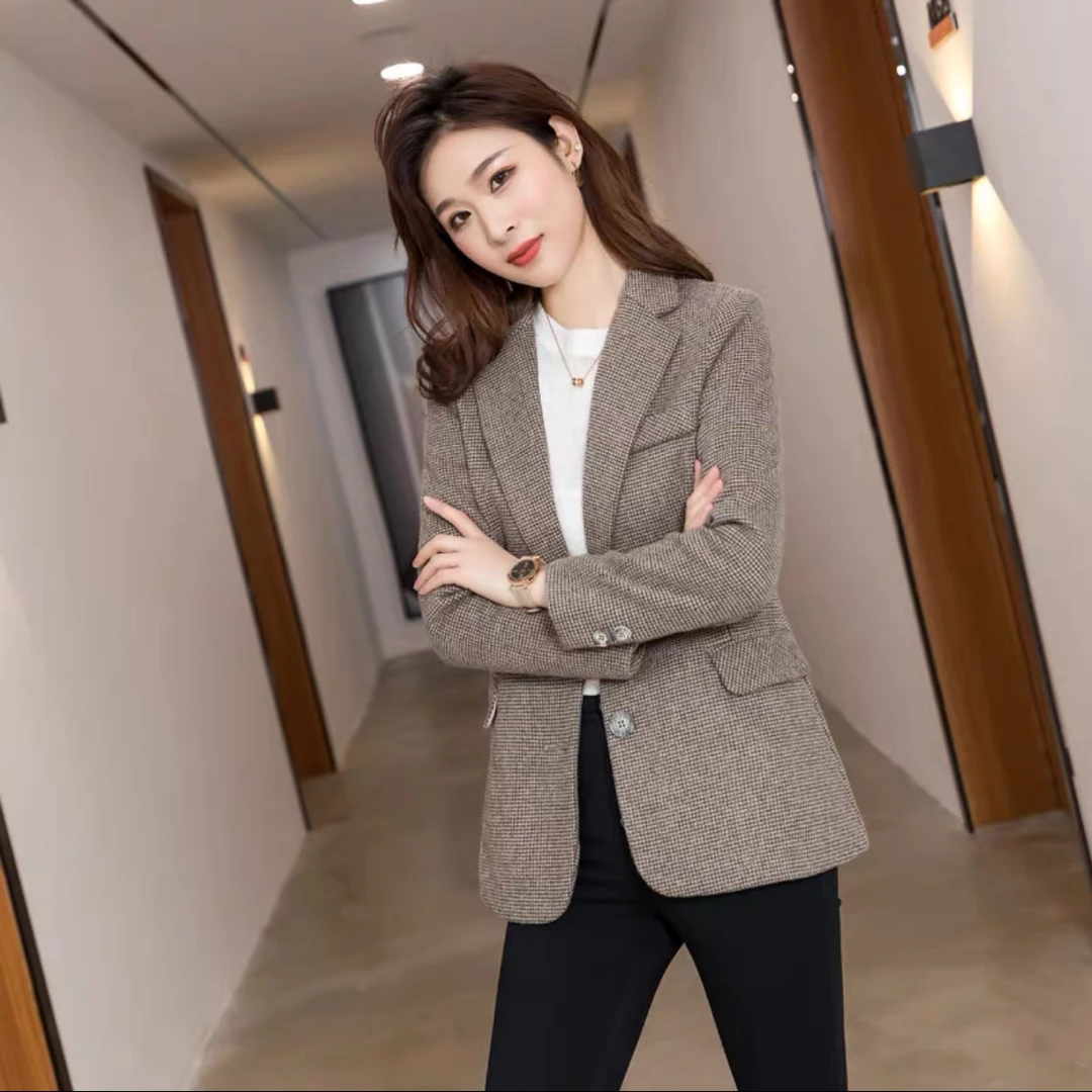 【K027-YR】2024高级新款洋气咖韩版休闲格子西装外套