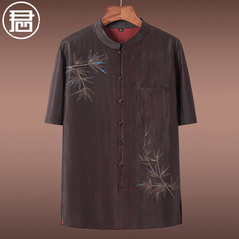 手绘香云纱唐装男短袖衬衫中年爸爸装中式盘扣真丝衬衣桑蚕丝夏装