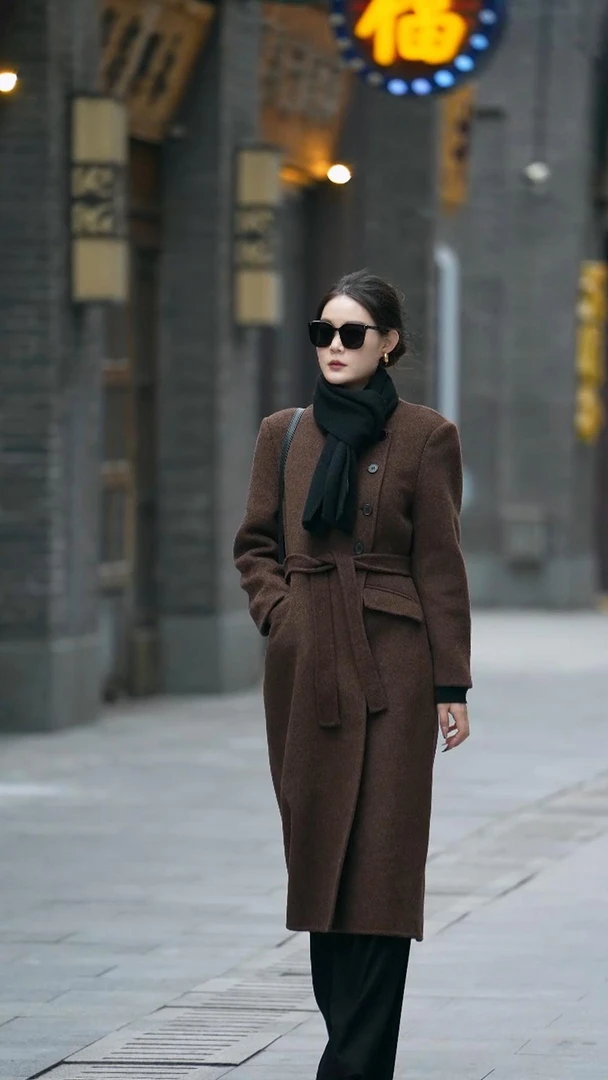 【圆领】新上款绵羊毛呢大衣女百搭外套时尚气质