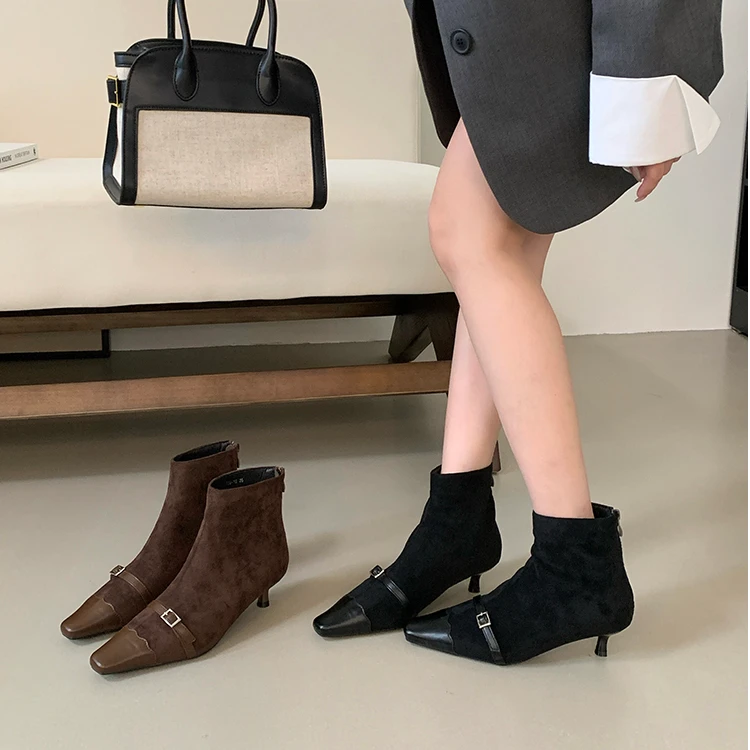 方头短靴女新款2024秋冬靴子瘦瘦女靴欧美细跟短筒靴中跟鞋时装靴