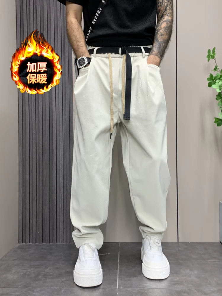 新款休闲裤男士秋季新款潮流冬季青年松紧腰加绒裤子宽松哈伦裤子