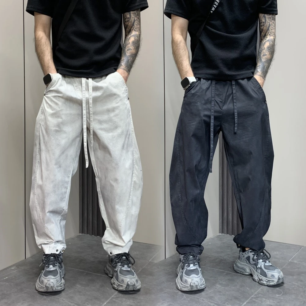 潮牌青年痞帅拼接做旧脏脏裤男士夏季薄款韩版潮牌宽松直筒阔腿裤