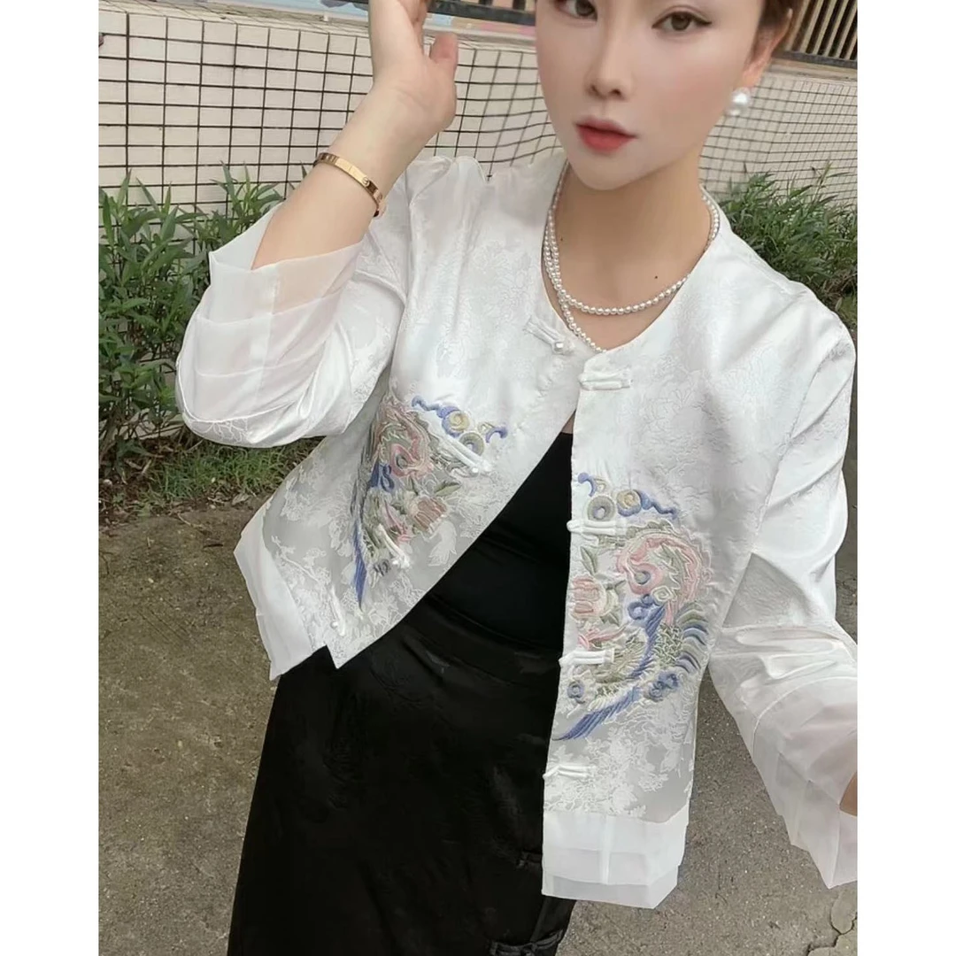 DXJ定制女装---百搭贵气中国风复古刺绣外套上衣春季服饰提花圆领