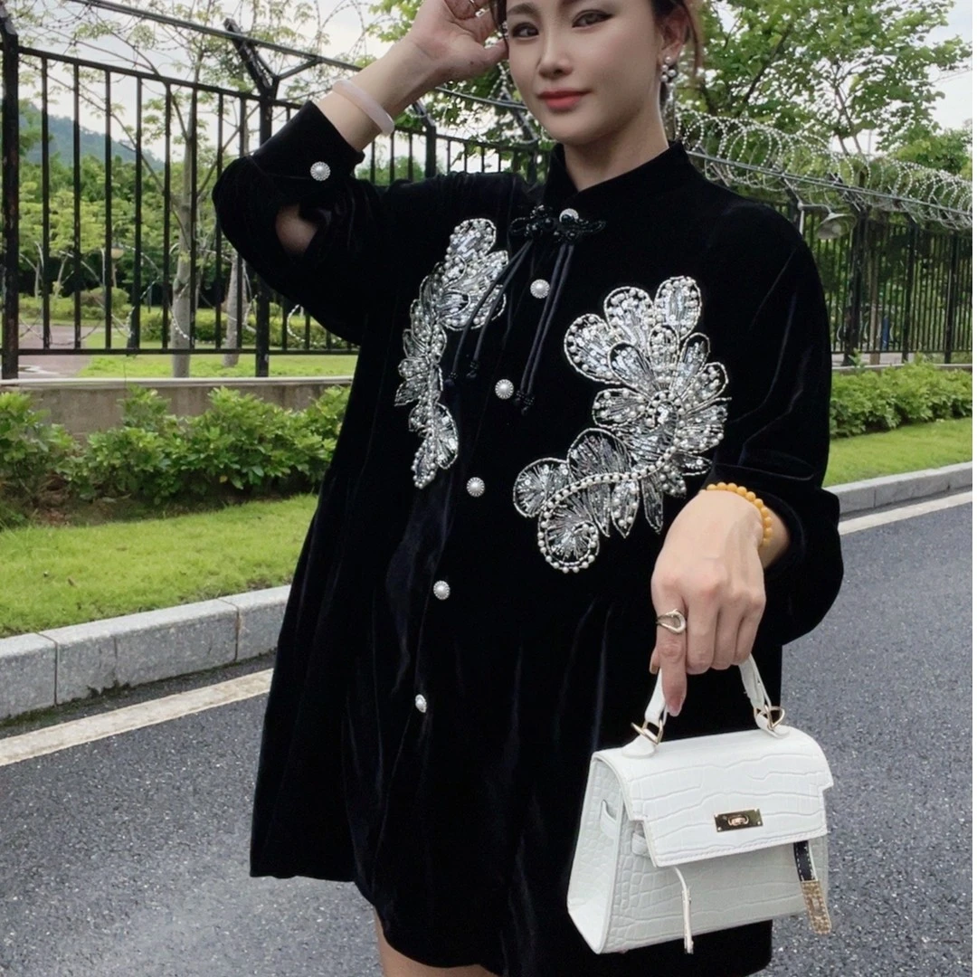 DXJ定制女装---重工装饰金丝绒开衫连衣裙宽松大版女装秋季设计师