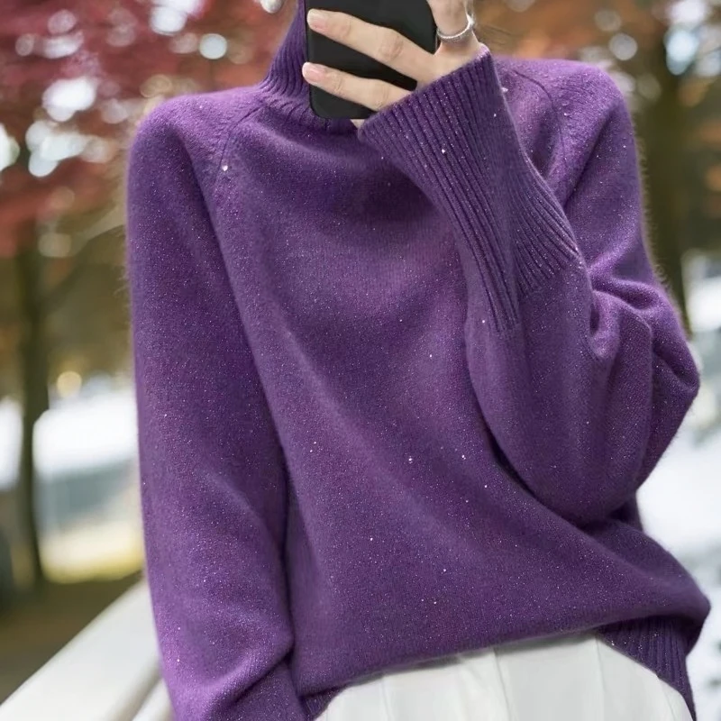 宽松亮片高领加厚休闲纯色毛衣女韩版2024冬季新款打底两翻领针织