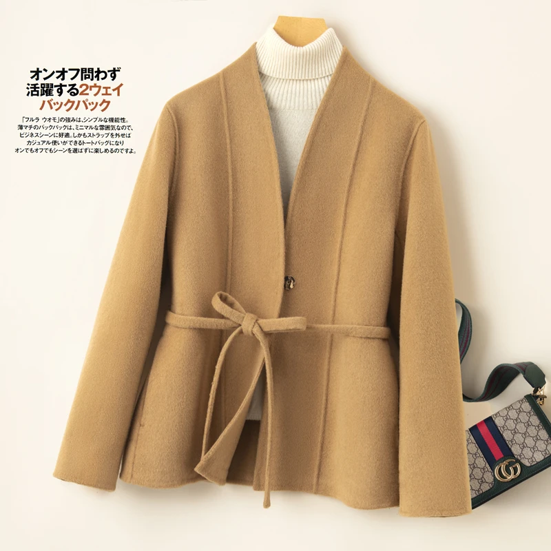 秋冬新款双面羊毛大衣女小个子短款V领系带修身百搭纯羊毛呢外套