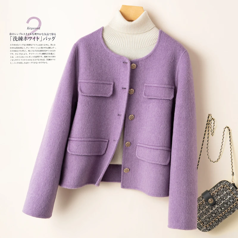 25年新款双面羊绒大衣女小个子圆领短款洋气小香风无兜羊毛呢外套