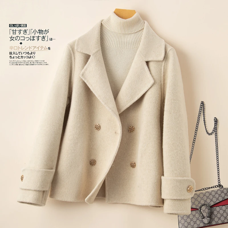 新款双面羊毛大衣女小香风小个子双排扣西装领修身百搭毛呢子外套
