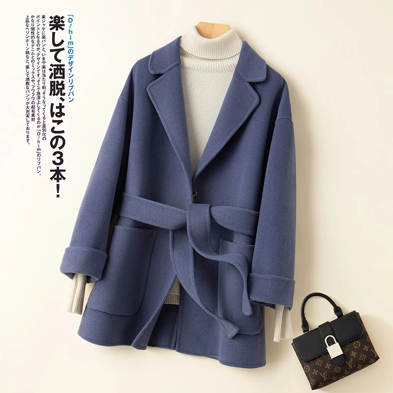 秋冬新款双面羊毛大衣女西装领系带宽松小个子百搭毛呢外套无羊绒