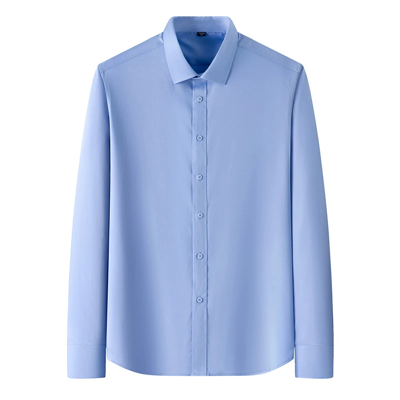春夏商务男士长袖衬衣竹纤维纯蓝色抗皱百搭休闲男装薄款宽松内搭