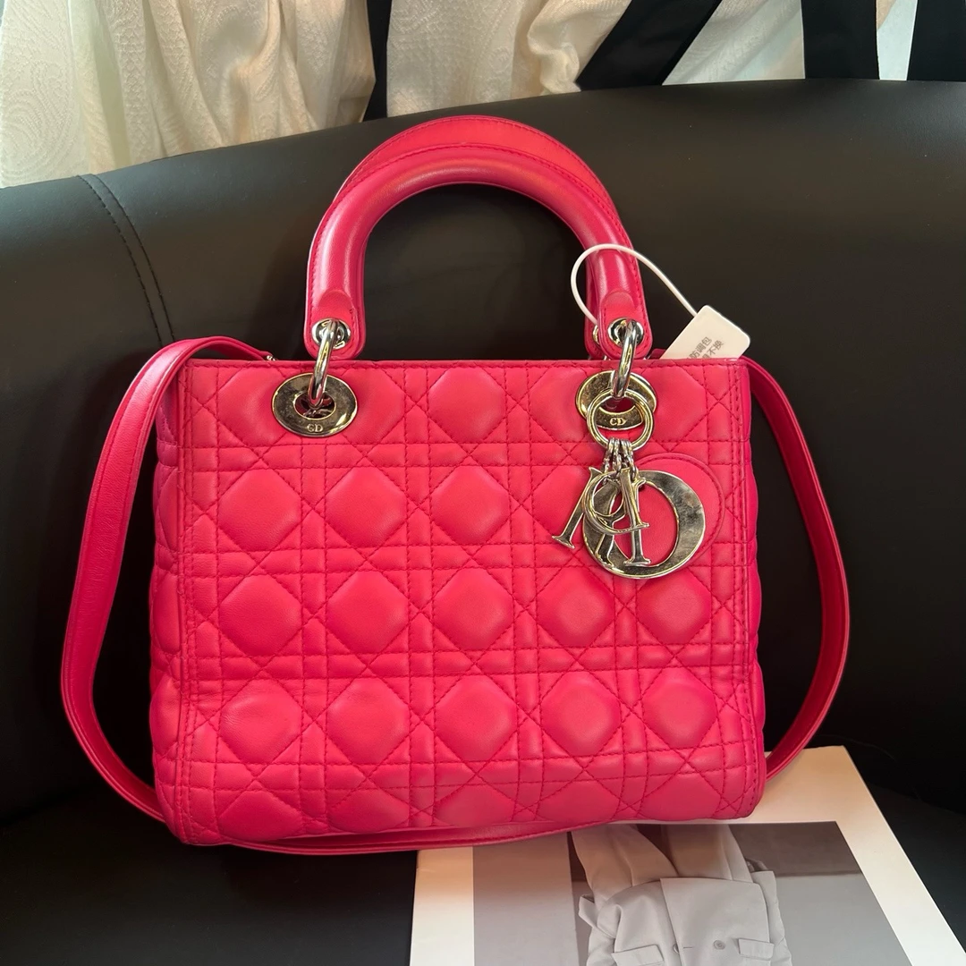 95新 DIOR/迪奥 玫红色五格戴妃单肩斜挎包