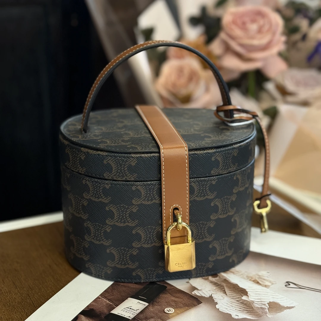95新 Celine/思琳 老花圆筒化妆盒手提包