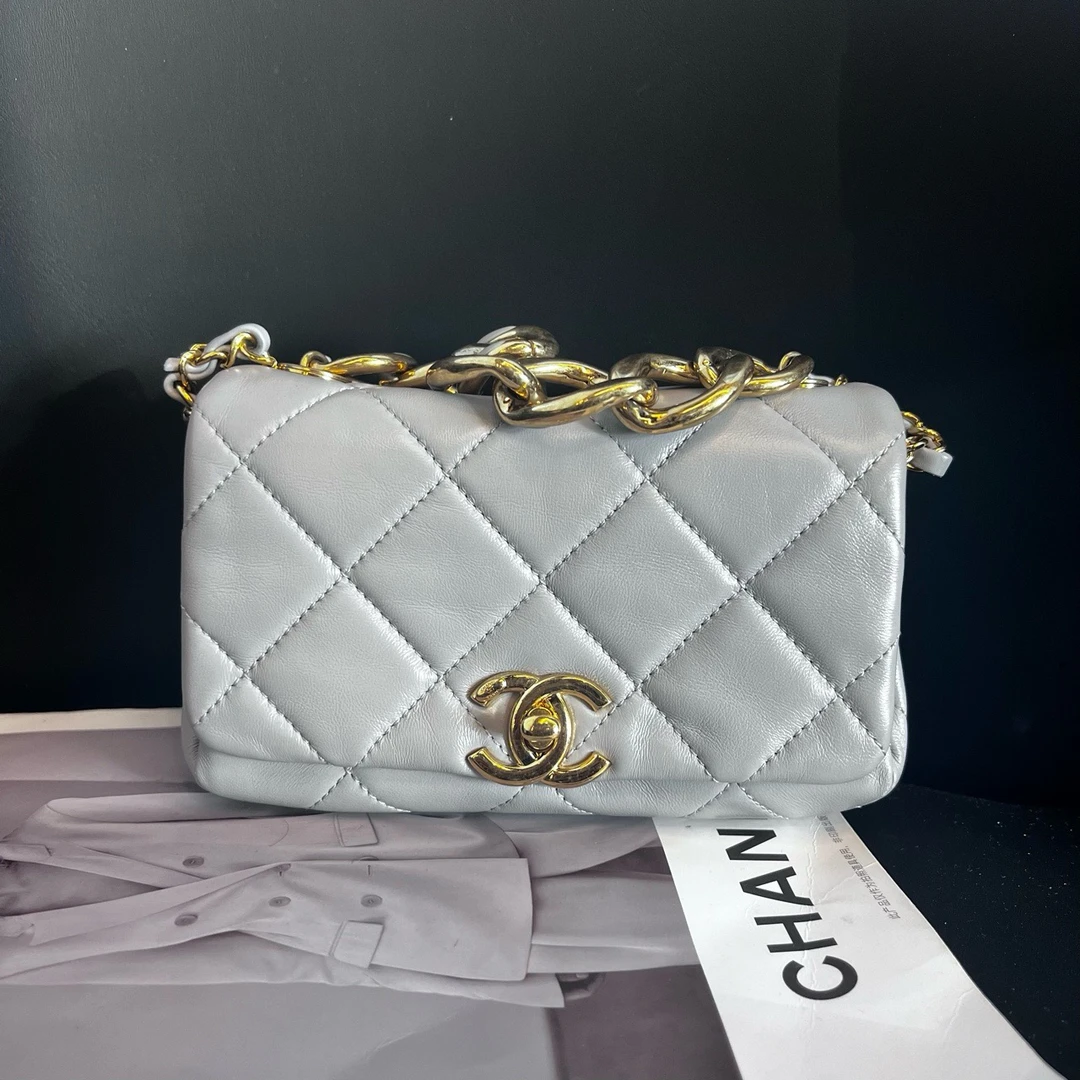 95新 Chanel/香奈儿 大象灰金22A链条woc单肩斜挎包芯片