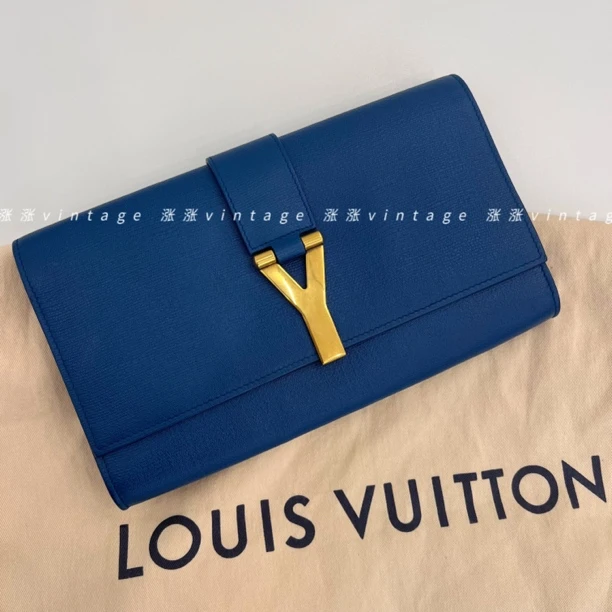 99新 YSL/圣罗兰 宝蓝色经典y扣手拿信封包