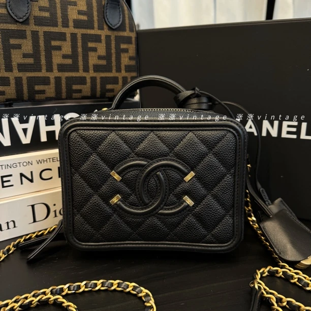99新 Chanel/香奈儿 相机包小号黑金荔枝 26开