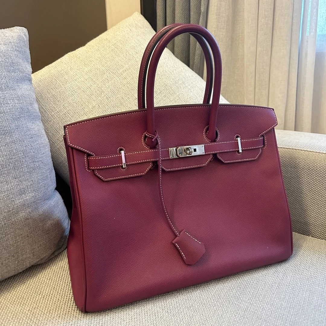 95新 Hermes/爱马仕 紫红色银扣Birkin35 E皮手提包