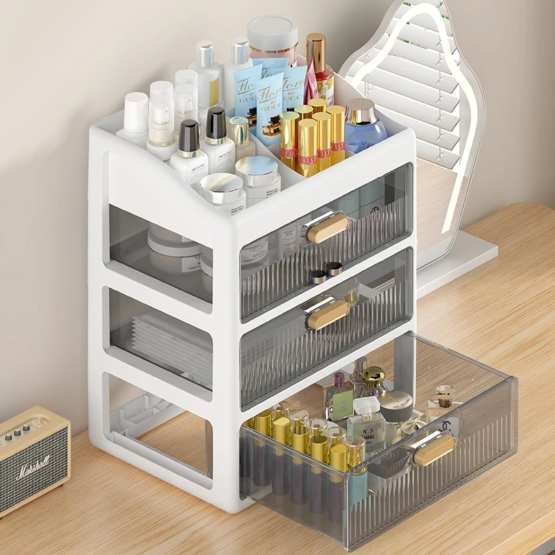 桌面收纳盒抽屉式办公室书桌上工位整理文具透明杂物储物箱置物柜