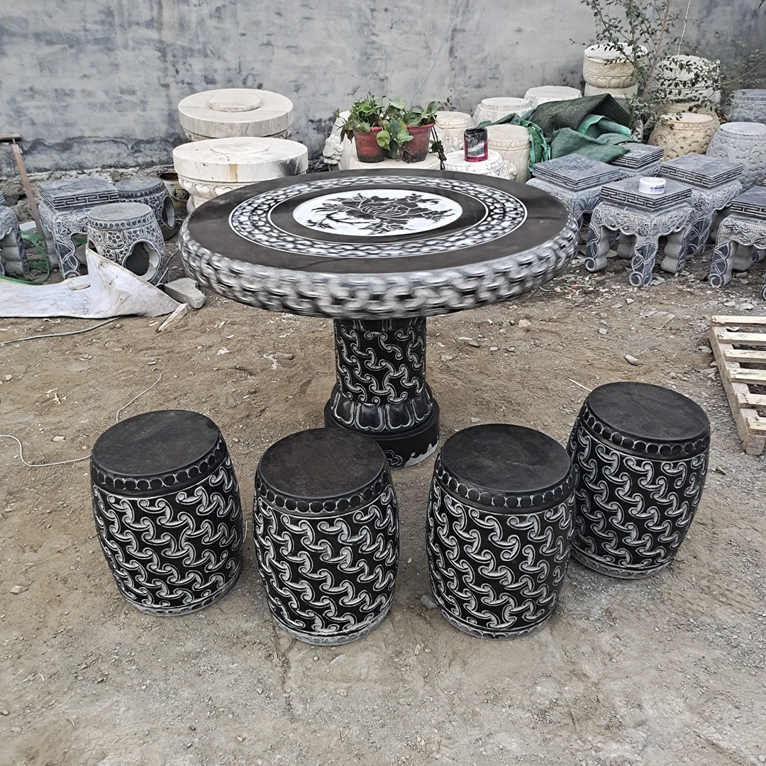 转面石桌石凳庭院摆件青石材质直径一米一桌四凳