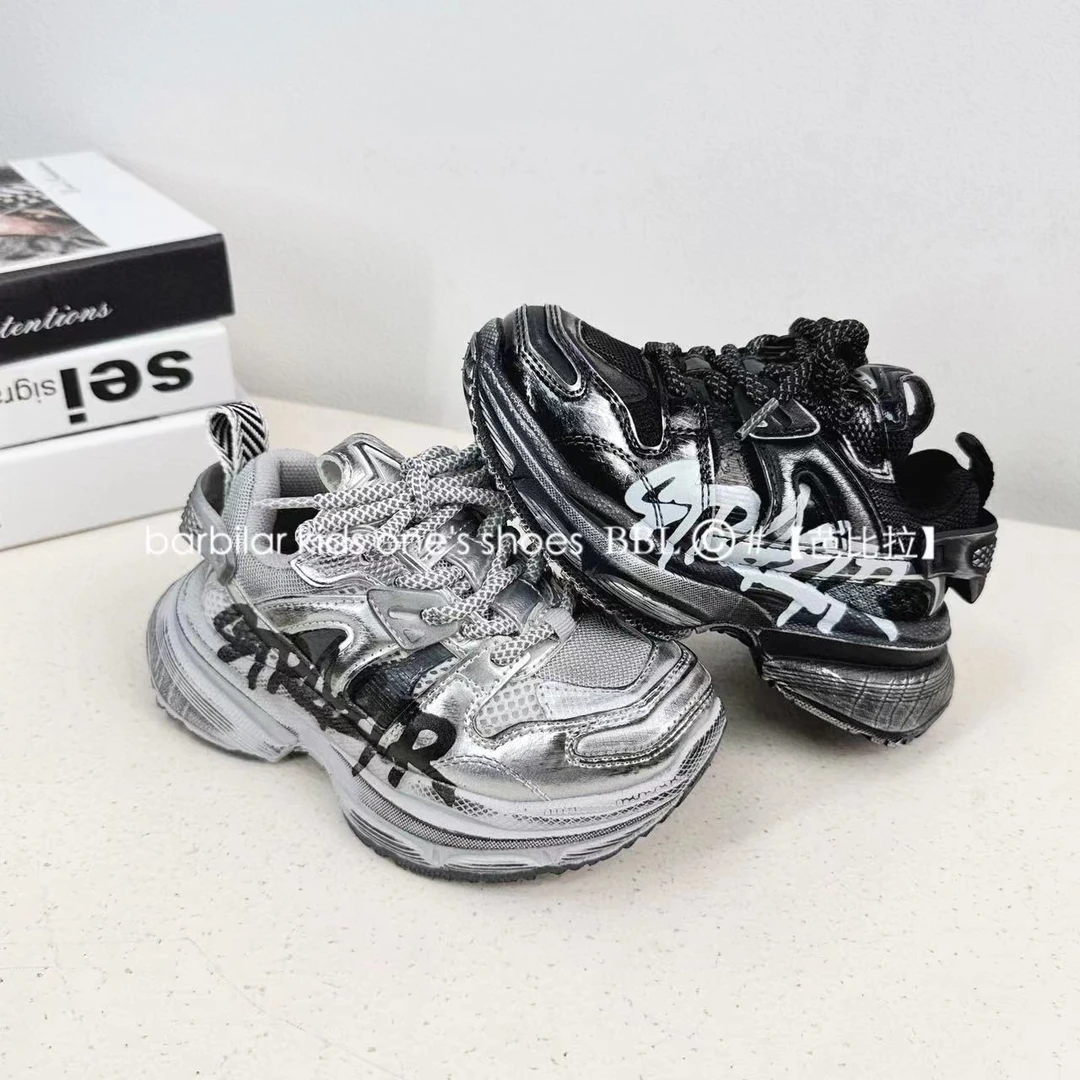 BARBILAR童鞋儿童潮鞋做旧时尚春秋运动鞋百搭字母黑色儿童老爹鞋