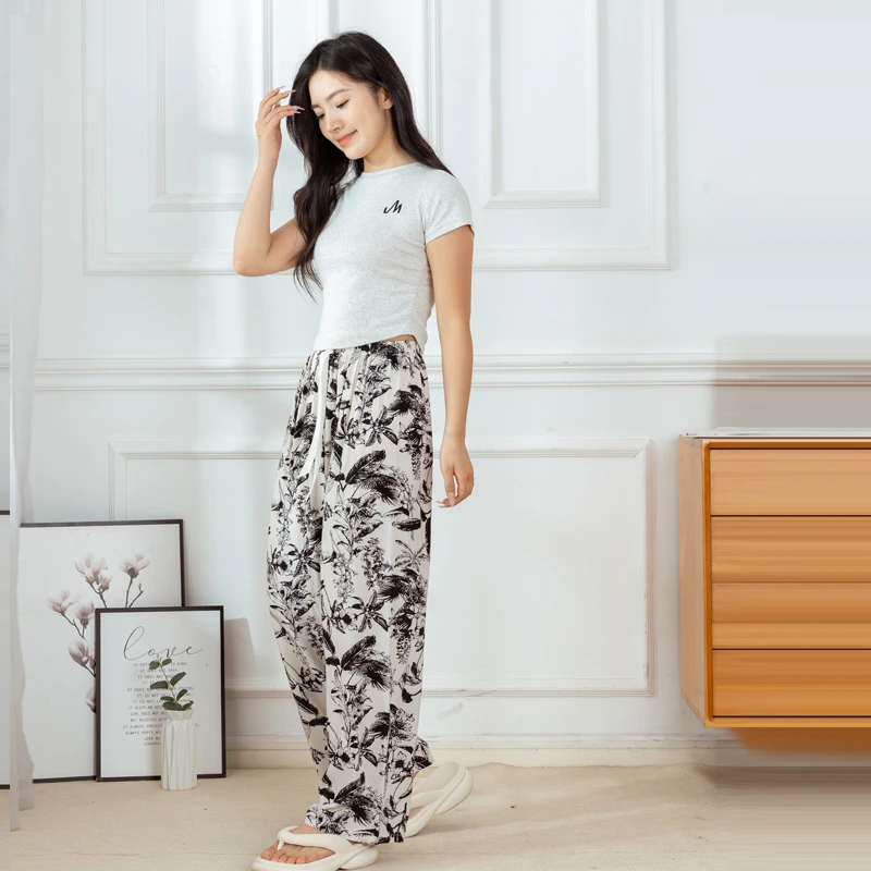 夏季棉绸睡裤女士薄款家居简约可外穿人造棉薄款修身绵绸九分裤