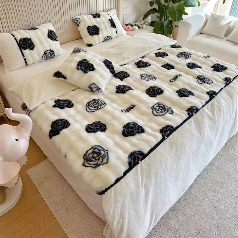 晚上【2x2.3米】山茶花毛毯冬季加厚盖毯仿兔绒毛办公室午睡毯子