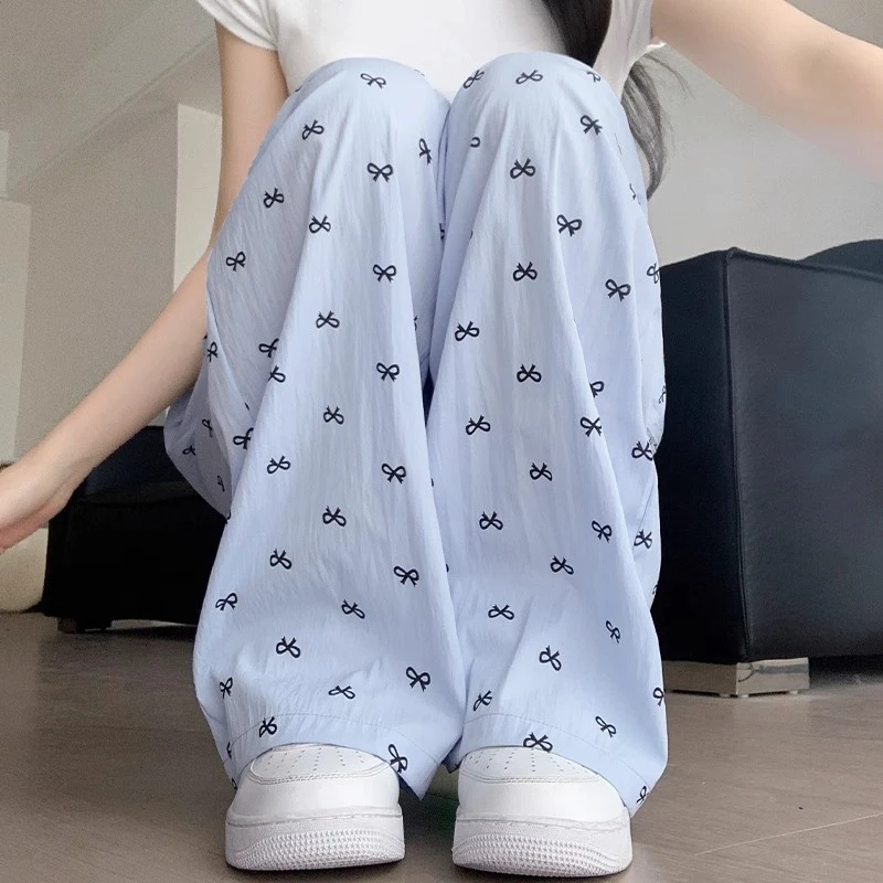 时尚蓝色气质款蝴蝶结阔腿裤女夏高腰垂感休闲显瘦慵懒直筒冰丝裤