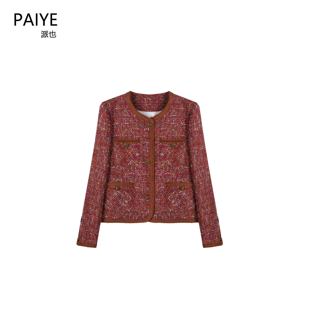 梅子红了新国标90白鸭绒红色小香风粗花呢外套女轻奢上衣A60730