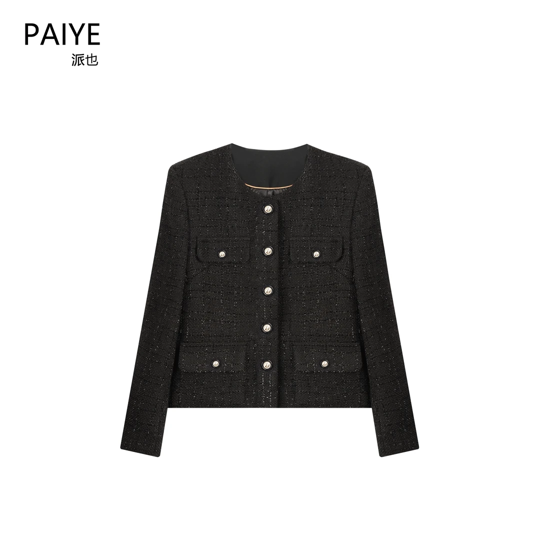 【孤品】春秋季短款黑色粗花呢编织圆领细丝闪线法式小香外套A71509