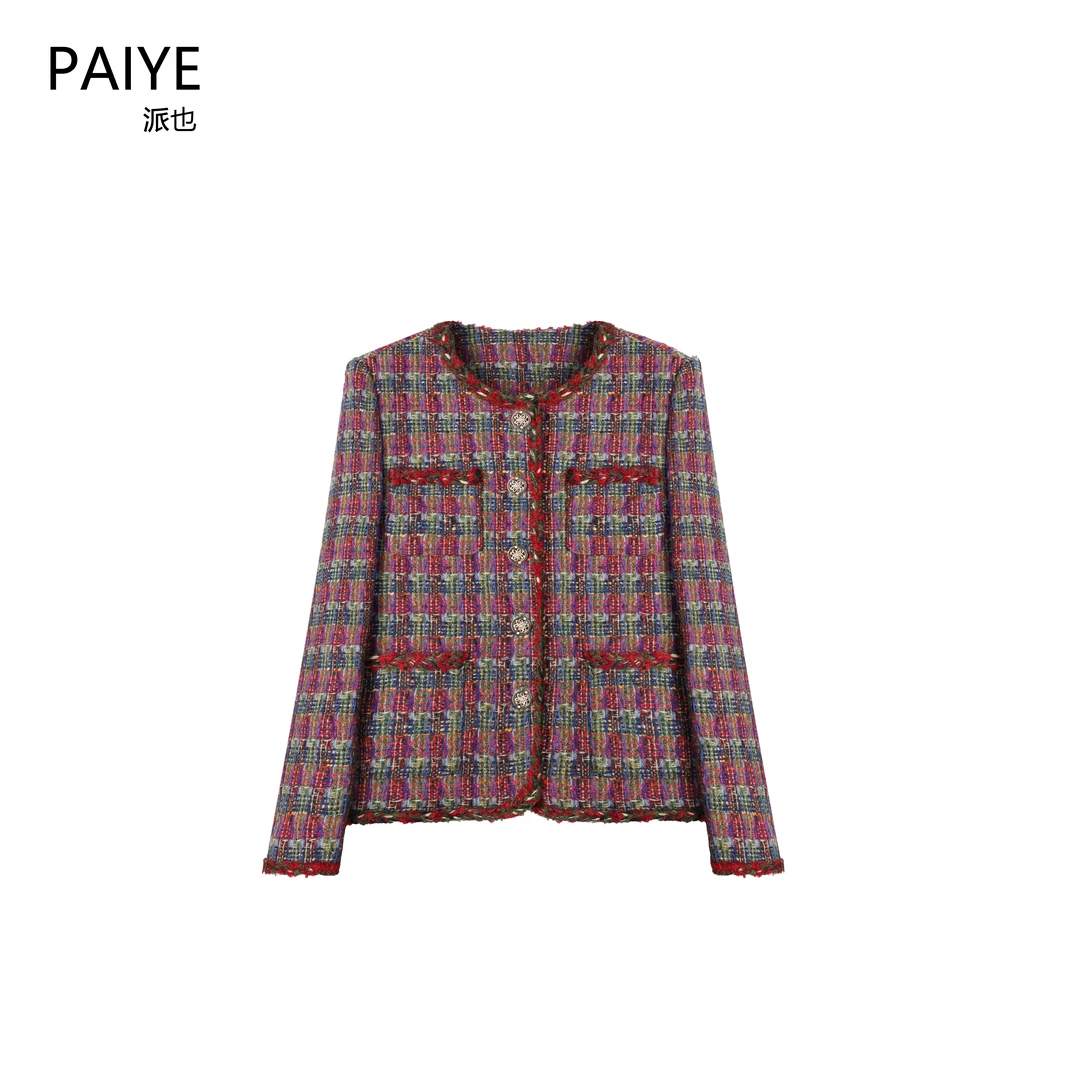 新国标90白鸭绒羽绒内胆重工粗花呢浓郁高雅酒红色小香上衣A71829