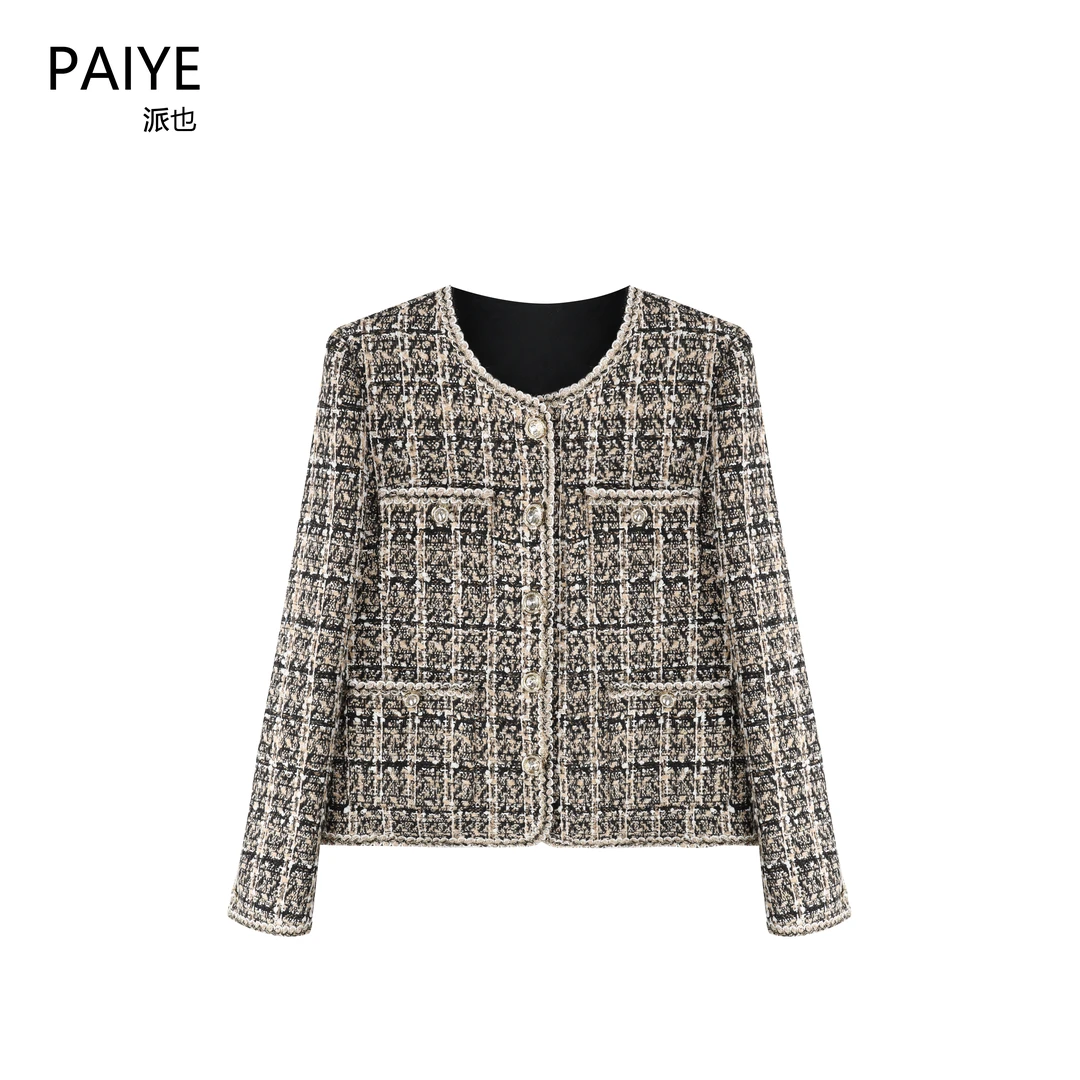 法式千鸟格轻奢圆领百搭通勤小香风外套女编织时尚洋气上衣A71351