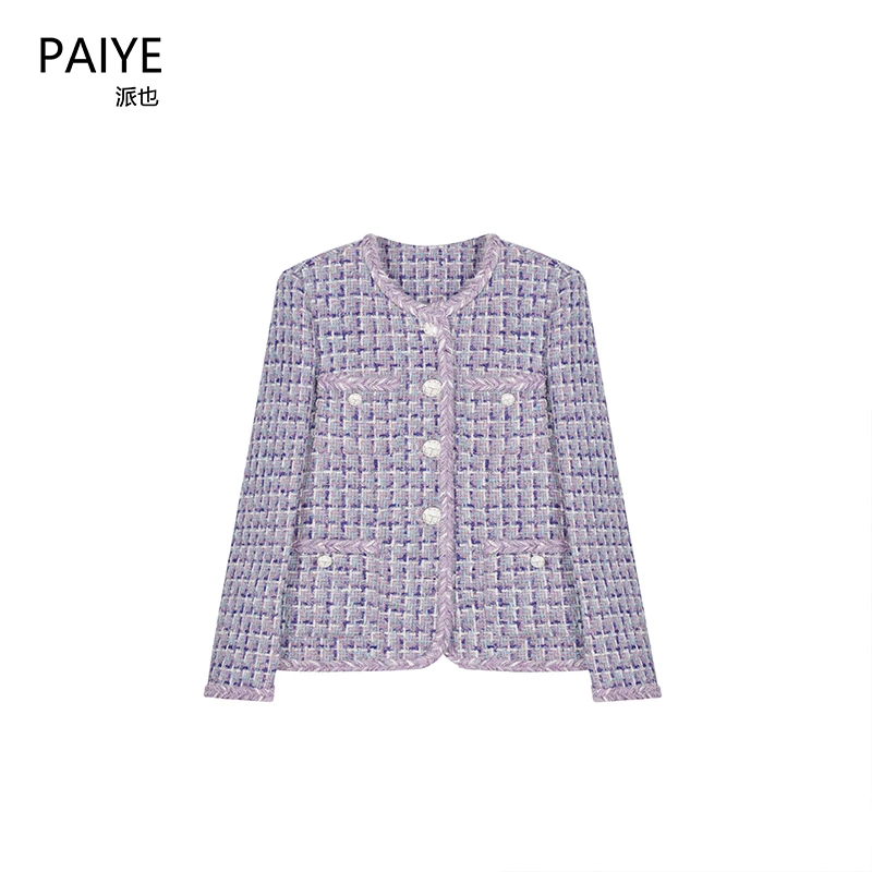 90国标白鸭绒紫色纱线重工编织小香风粗花呢外套羽绒服A72037